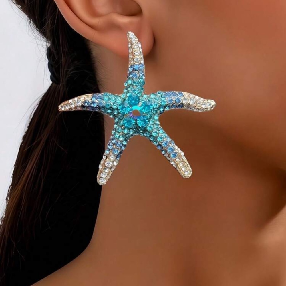 1pc Fashion Summer Beach Ocean Style Starfish Rhinestone Ombre Metal Earrings